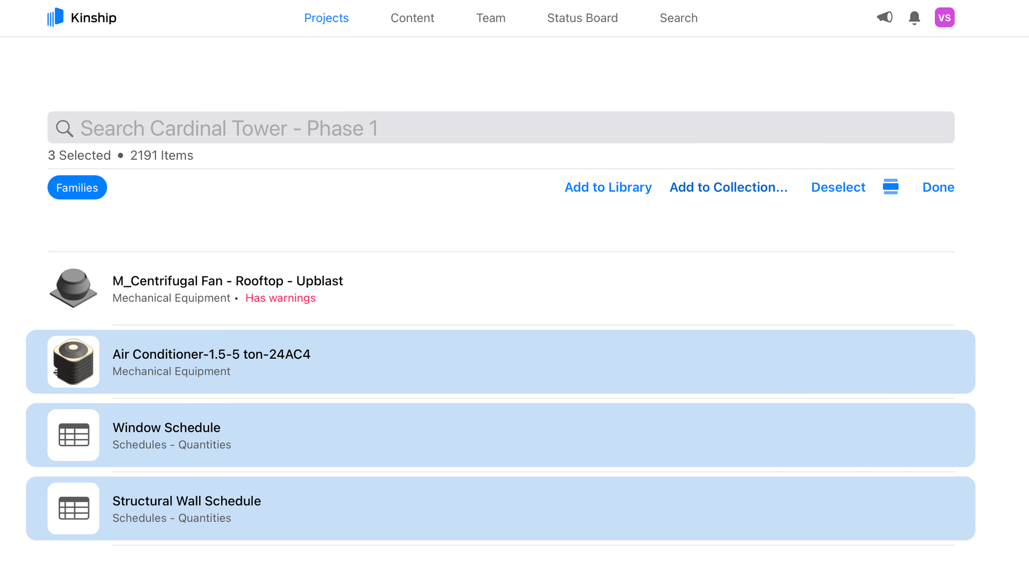 Screenshot of Kinship tracked projects family listing page of model or project.